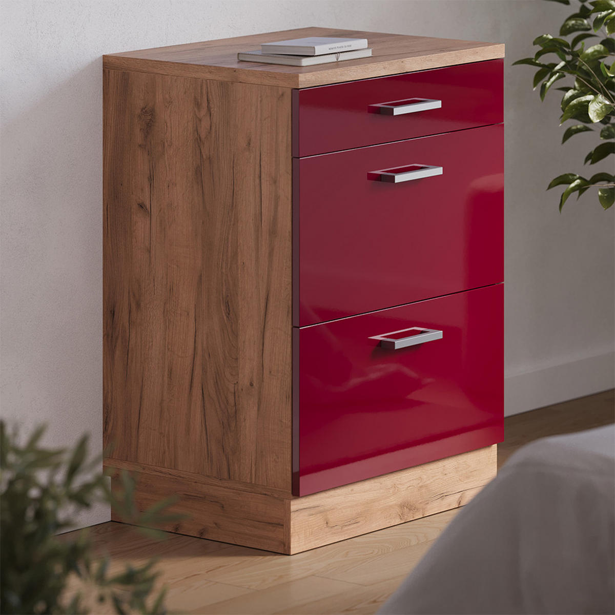 KUHINJSKA OMARA ZA POŠEVNE STREHE R-Line, Rdeča visoki sijaj, 60 cm brez naklona z 3 predaloma - rdeča/medeni hrast, leseni material (60/83.8/46cm) - Vicco