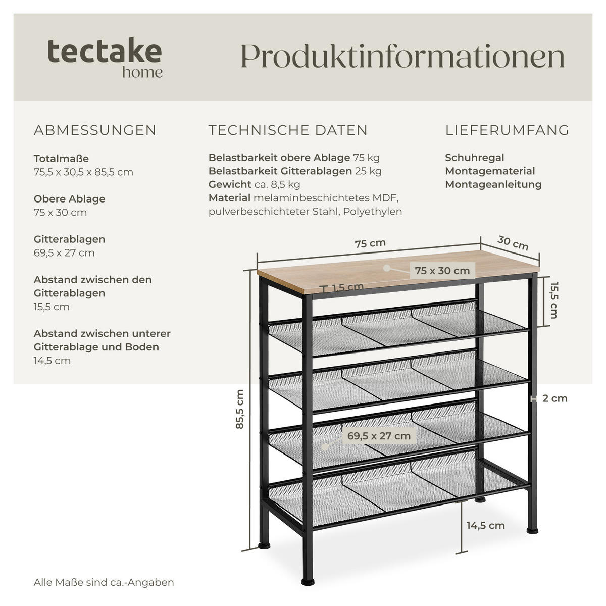 SCHUHREGAL Bournemouth,75,5 x 30,5 x 85,5 cm,Industrial Holz hell, Eiche Sonoma - Naturfarben, Holz (30.5/85.5/75.5cm) - tectake