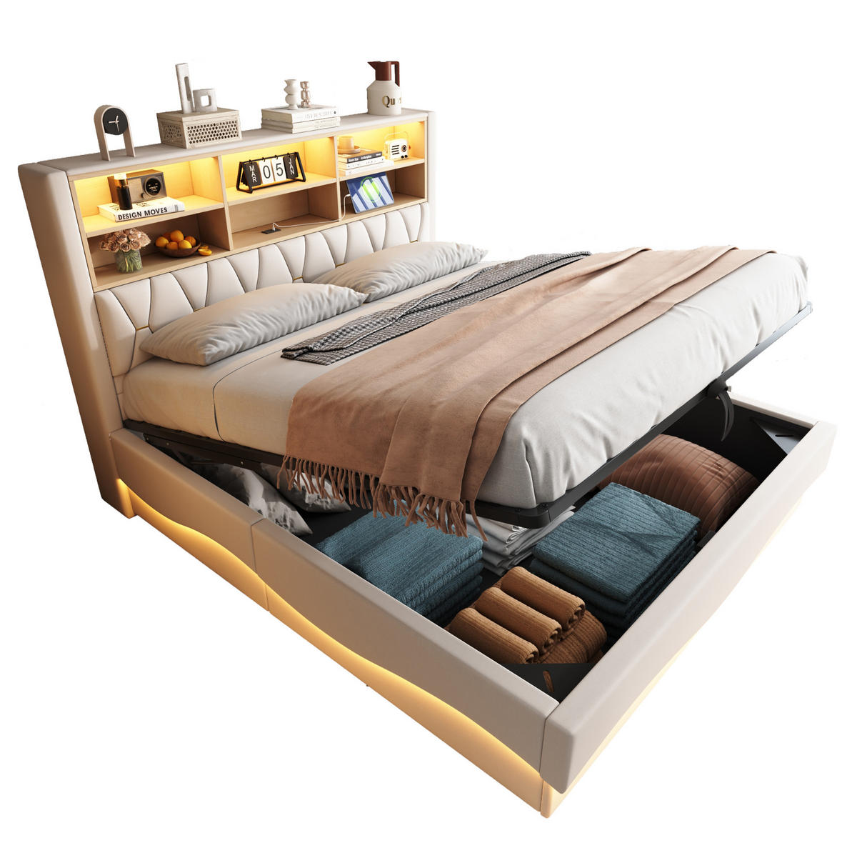ČALÚNENÁ posteľ z kovu 180x200 cm béžová s LED osvetlením, USB portom a hydraulickým úložným priestorom - béžová, kov (180/200cm) - Modfu