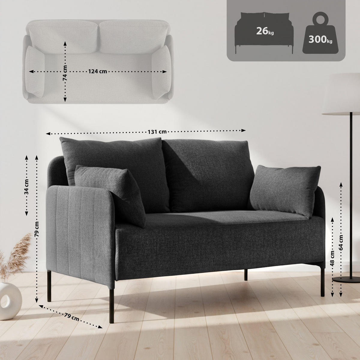 COUCH Bernd 2-Sitzer Stoff 131x79x79cm Stoff Schwarz Sofa - Schwarz, Kunststoff (131/79/79cm) - DELUKE