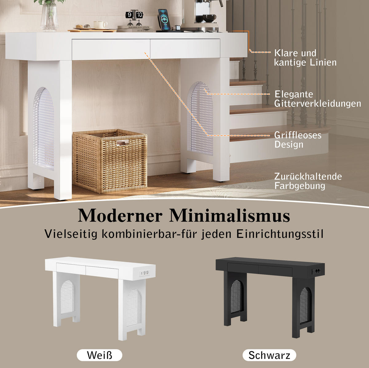 KONSOLENTISCH 120/35,5/76,5 cm Weiß aus MDF mit 2 Schubladen und Steckdosenleiste - Weiß, Holzwerkstoff (120/35.5/76.5cm) - OKWISH