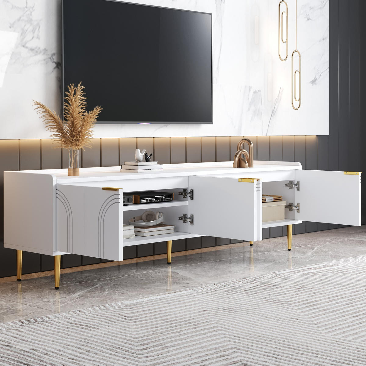 TV-LOWBOARD aus MDF 170x35x47,5 cm Weiß mit Kabeldurchführung und viel Stauraum - Weiß, Holzwerkstoff (170/47.5/35cm) - Modfu
