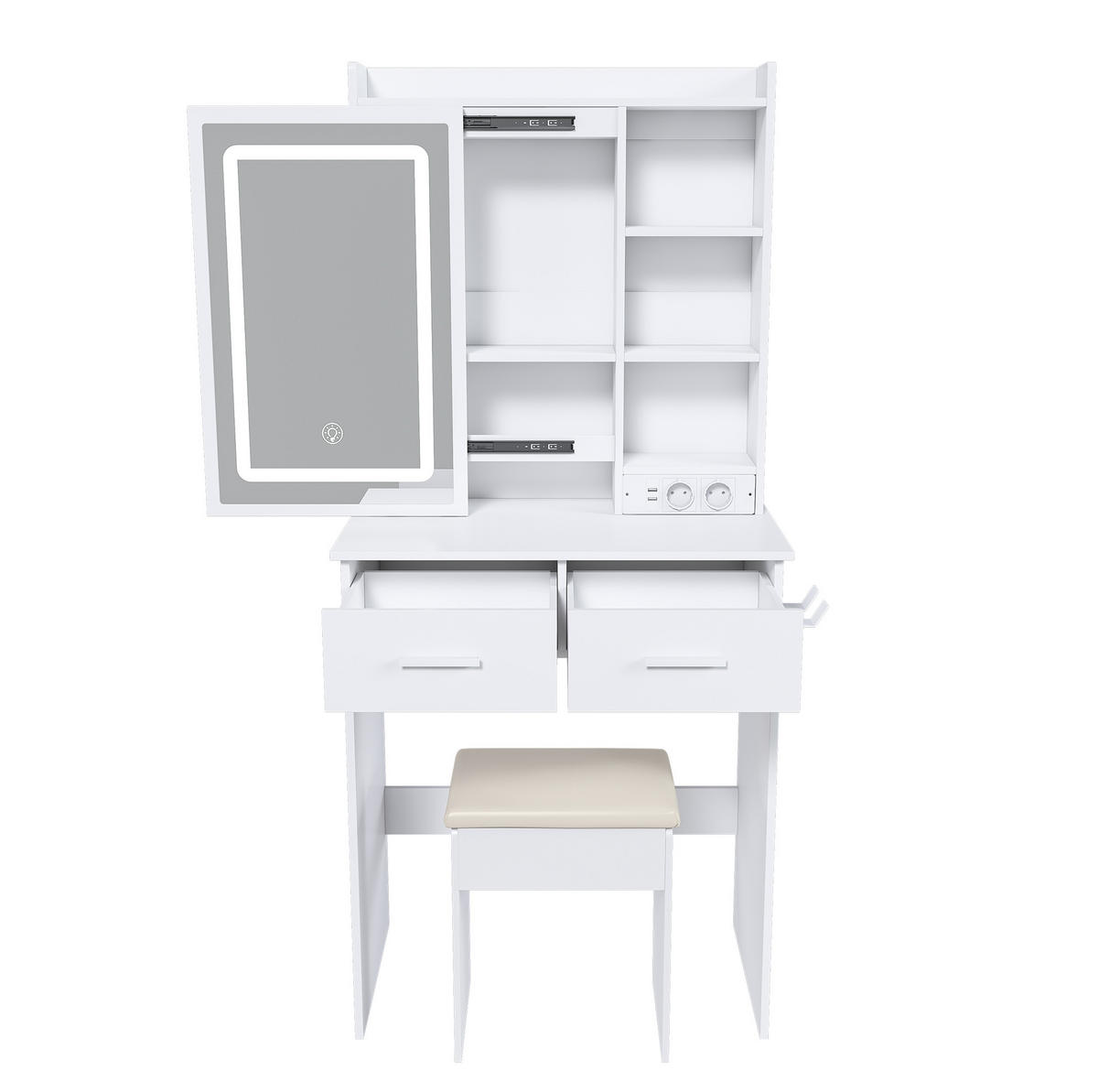 SCHMINKTISCH aus MDF 60x36x136 cm Weiß mit LED-Beleuchtung, USB, Steckdosen, Stauraum und gepolstertem Hocker - Weiß, Holzwerkstoff (60/136/36cm) - Modfu