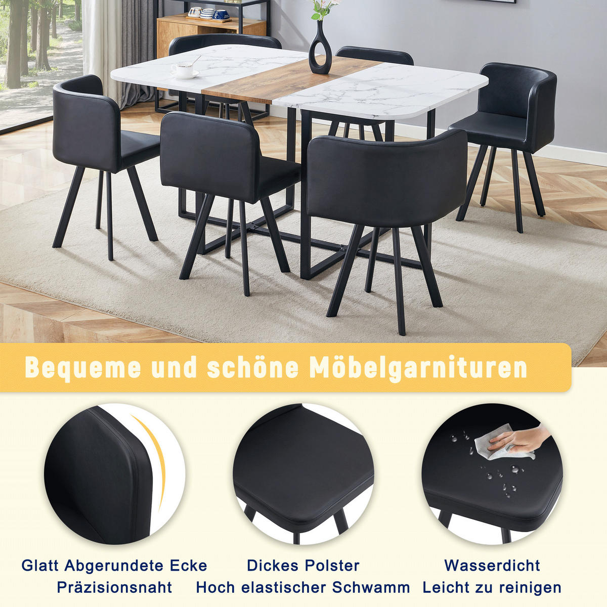 ESSGRUPPE DE-39497 ausziehbar, mit 4 Stühlen und Metallrahmen Weiß/Schwarz - Schwarz/Weiß, Holzwerkstoff (150/79/100cm) - ComfortXL