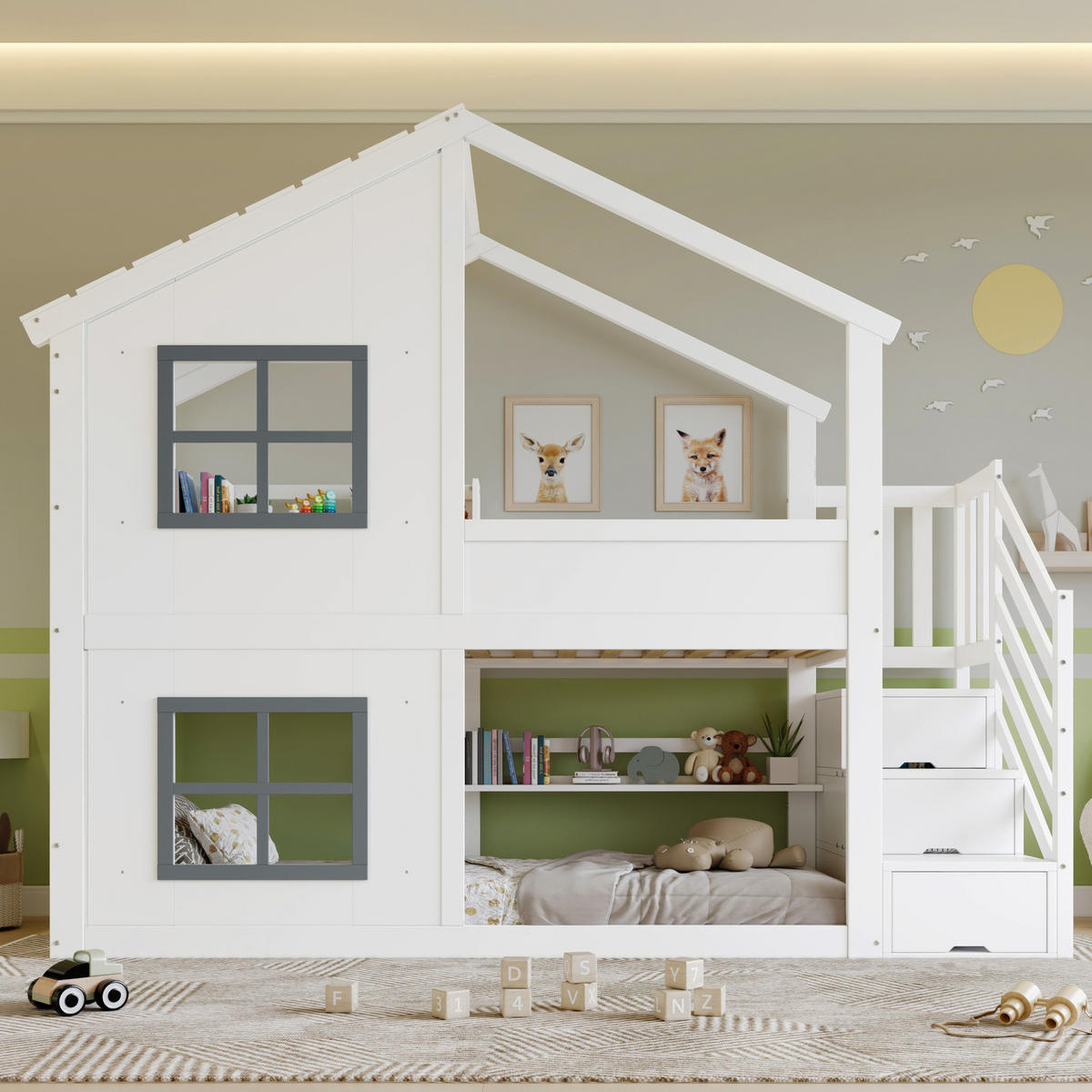 ETAGENBETT mit Stauraumtreppe 90x200 cm Weiß und Grau - Weiß, Holzwerkstoff (90/200cm) - Beauniv