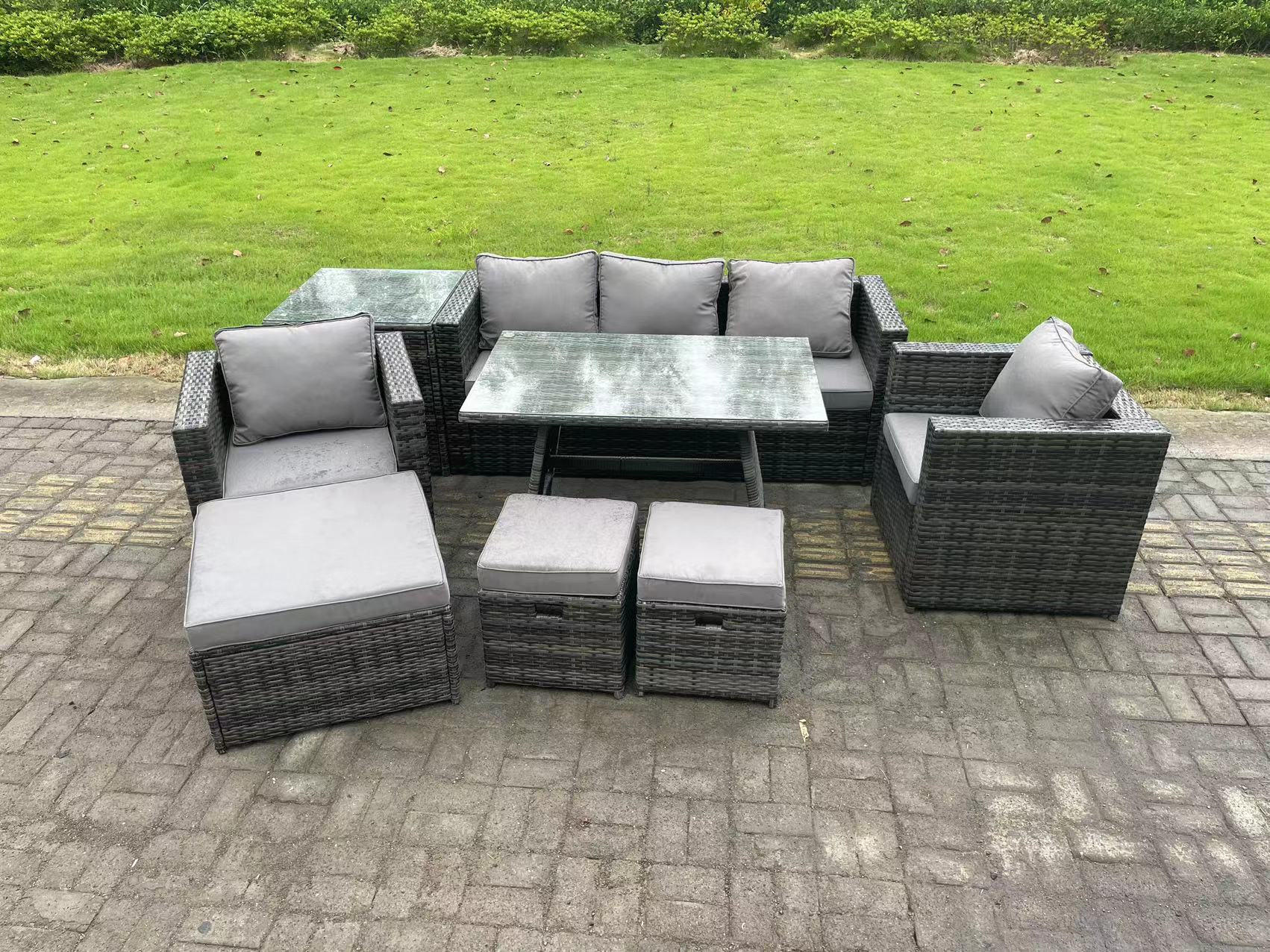 GARTENMÖBELSET mit Esstisch Hocker 8-Sitzer Grau - Dunkelgrau/Grau, Glas/Kunststoff - Fimous