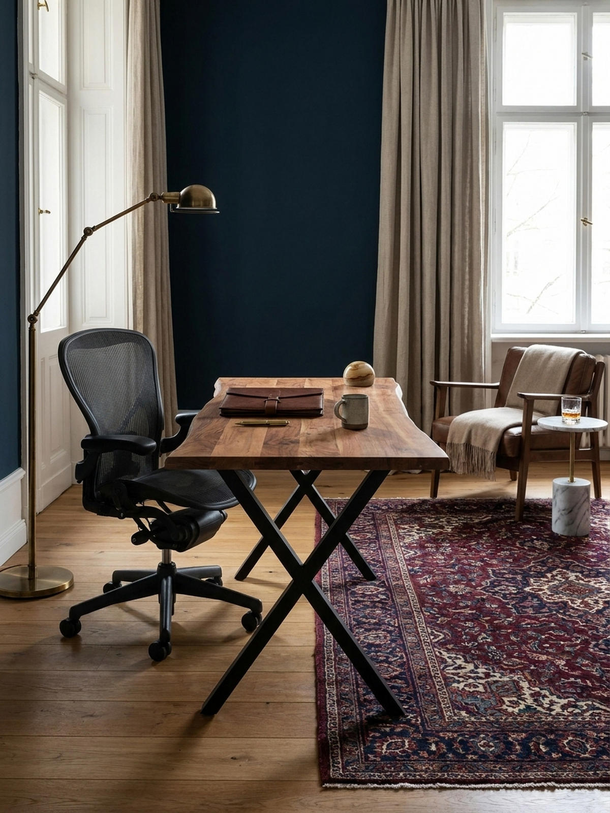 SCHREIBTISCH Massivholz X-Gestell Baumkante Handgefertigt KRETA, Goldbraun-Schwarz 120x60x76 cm - Schwarz/Braun, Holz/Metall (120/60/76cm) - KADIMA DESIGN