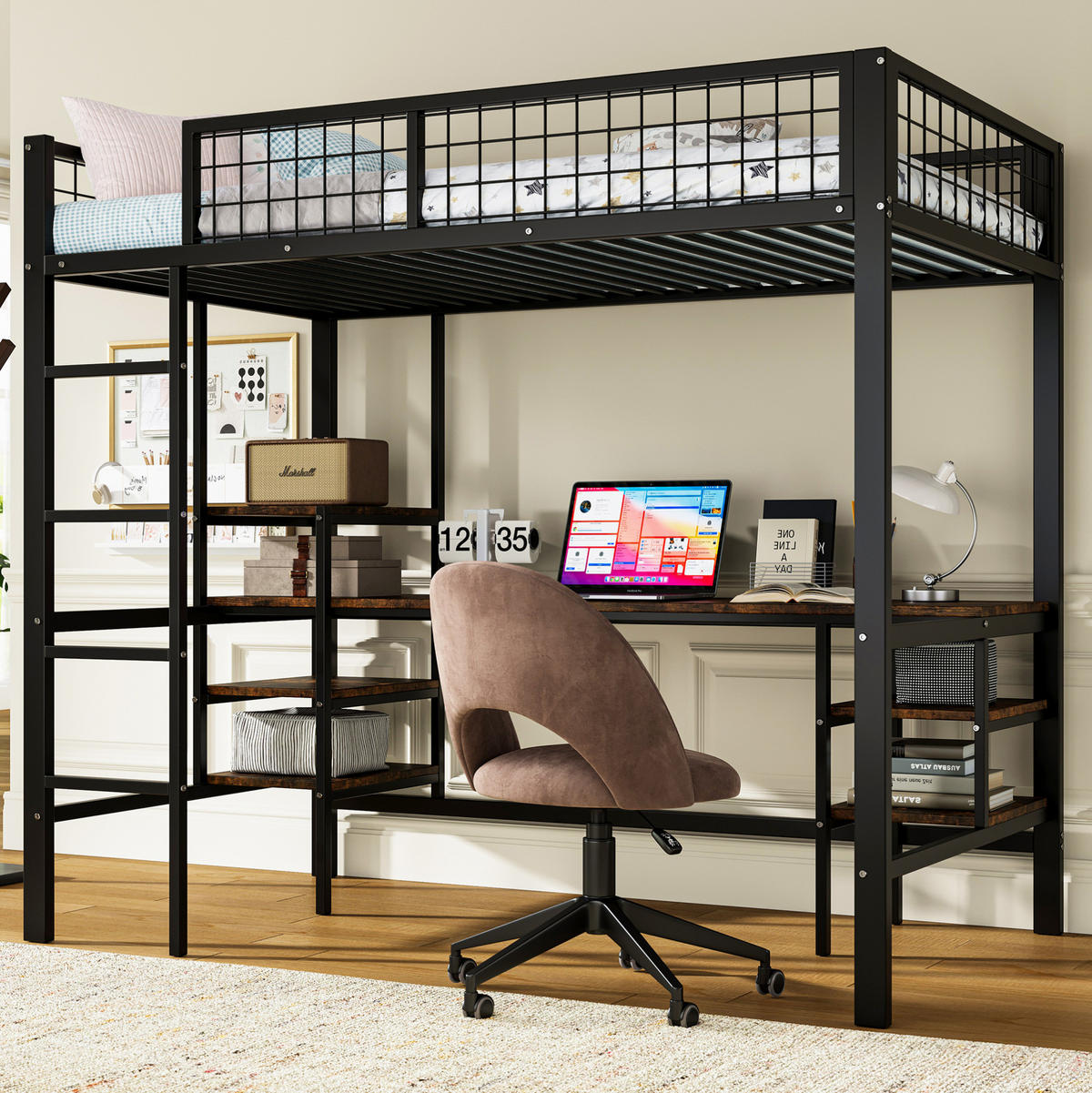 ETAGENBETT 90/200 cm in Schwarz mit Schreibtisch, Regal und 4-stufiger Leiter - Schwarz, Metall (90/200cm) - OKMYHOME