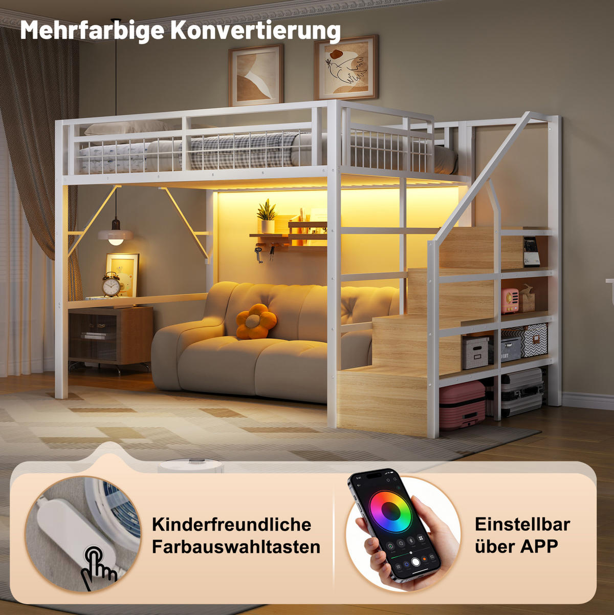 HOCHBETT 140/200 cm, Weiß mit LED-Lichtleiste und Stauraumtreppe - Weiß, Metall (140/200cm) - MIVRAY
