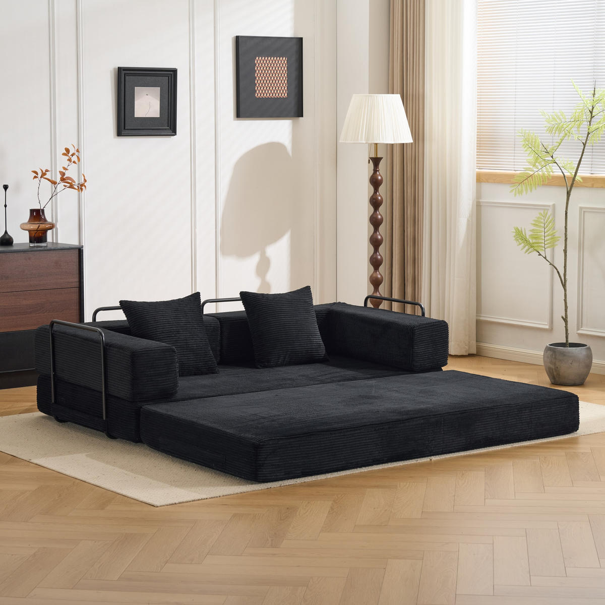 SCHLAFSOFA 2-in-1 faltbar aus Cordstoff, DE-42533, Schwarz - Schwarz, Textil (185/60/92.5cm) - ComfortXL