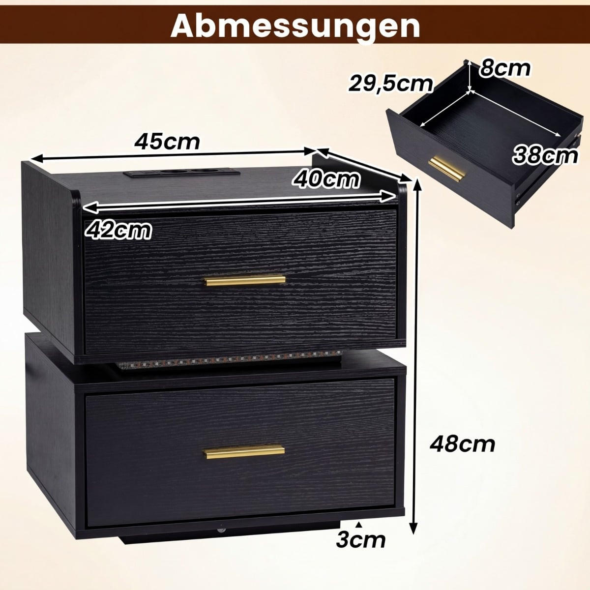NACHTTISCH mit LED-Ladestation, 2 Schubladen, halb-schwebendes Design, Metallfuß, Schwarz/Weiß - Multicolor/Schwarz, Holzwerkstoff/Metall (45/48/40cm) - DESIGN IN