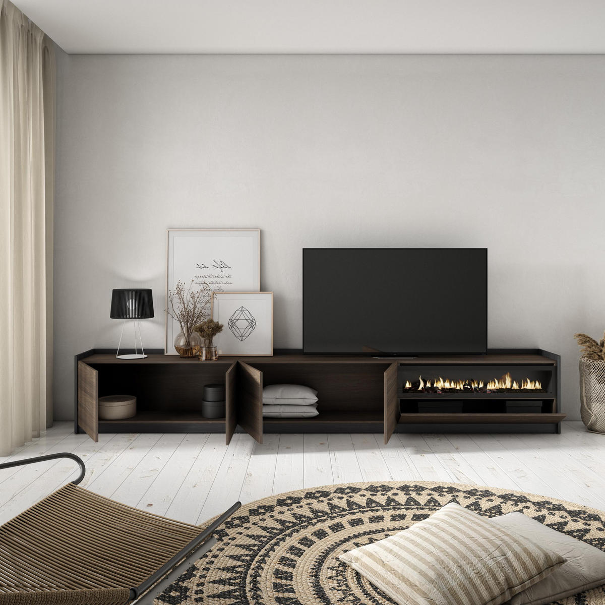 TV-SCHRANK, Dunkler Eiche und Schwarz, Elektrokamin, 310/37/50cm - Dunkelbraun, Holzwerkstoff (310/50/37cm) - Skraut Home