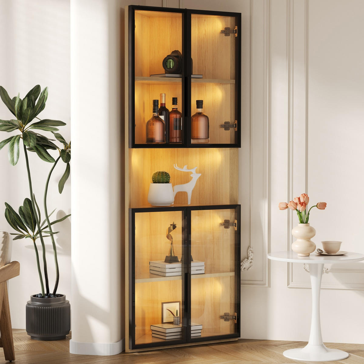 ECKVITRINE aus MDF 62x32x160 cm Eiche mit LED-Beleuchtung und Soft-Close-Türen - Eichefarben, Holzwerkstoff (62/160/32cm) - IVMEU