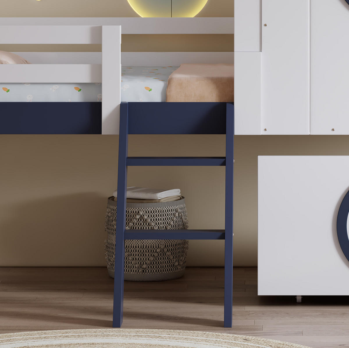 ETAGENBETT 90/200 cm Weiß+Dunkelblau mit Dach und Fenster aus Kiefer und MDF - Weiß, Holzwerkstoff (90/200cm) - OKWISH