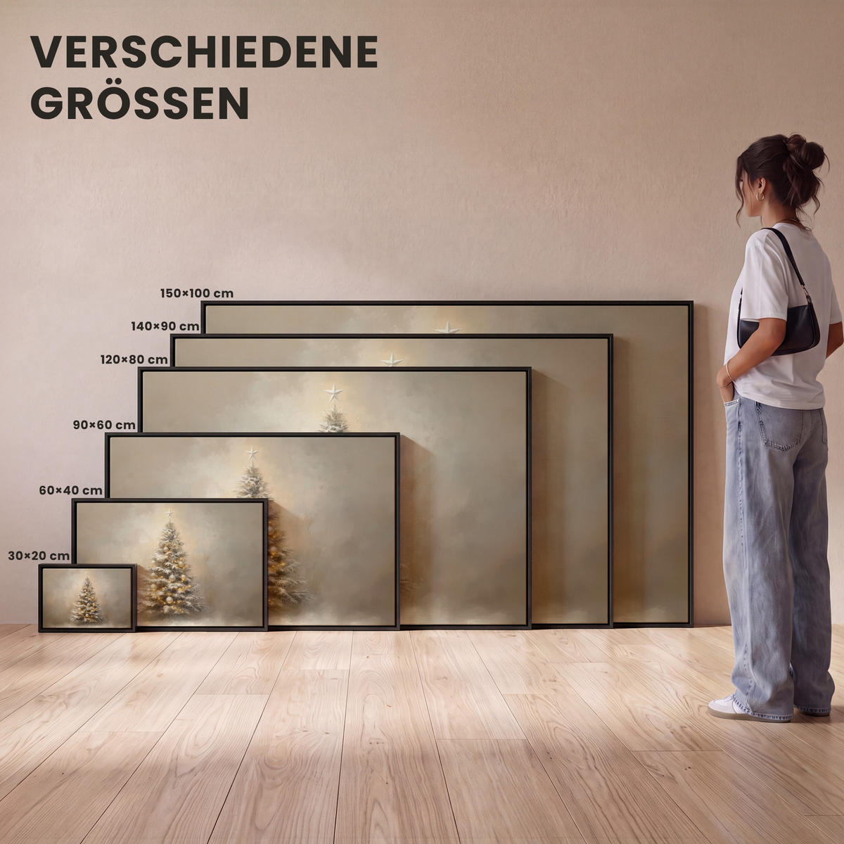 LEINWAND Bilder mit Rahmen - Weihnachten - Weihnachtsbaum - Schnee - Kunst - 140x90 - Champagner, Textil (140/90cm) - MuchoWow