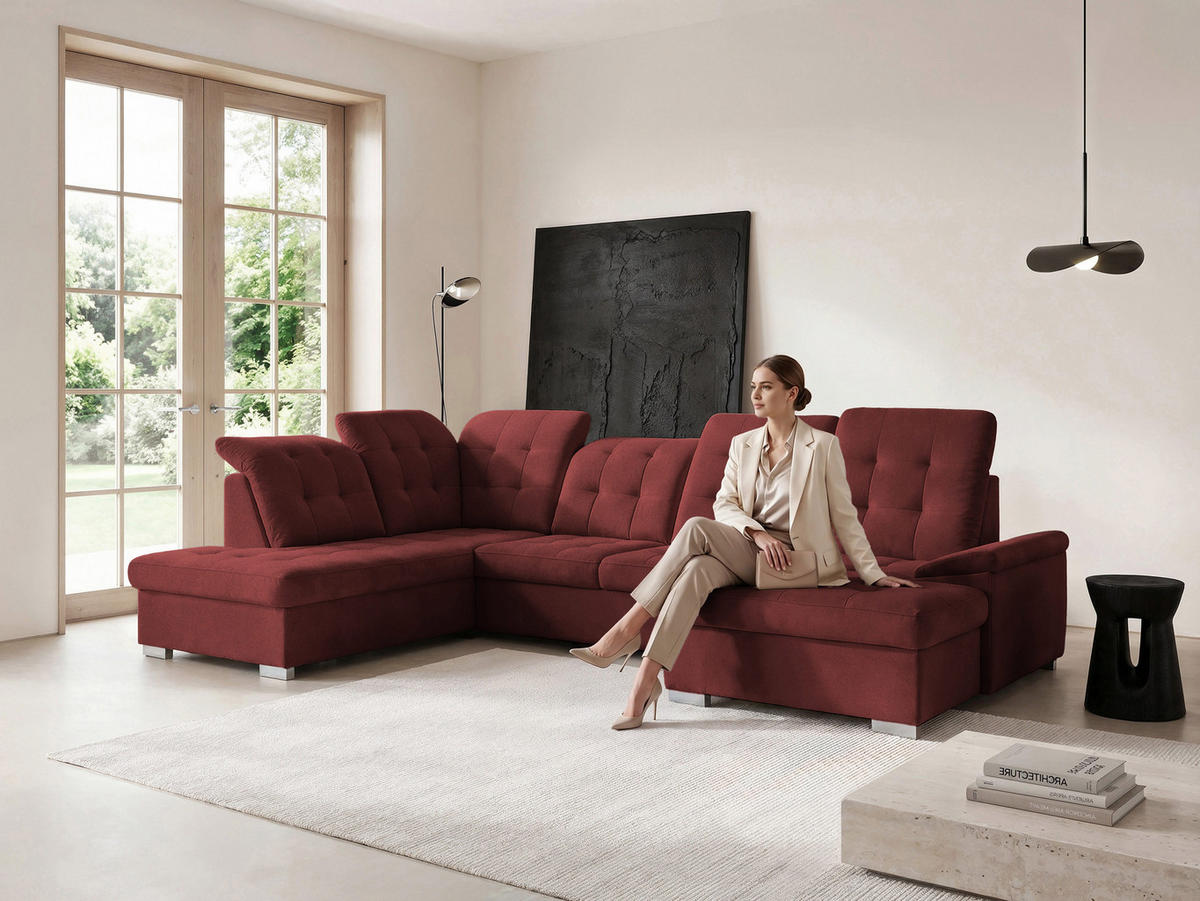 WOHNLANDSCHAFT ANON Ottomane Links, mit Schlaffunktion und Bettkasten, Bordeaux - Rot, Kunststoff/Textil (322/87/220cm) - Idohome