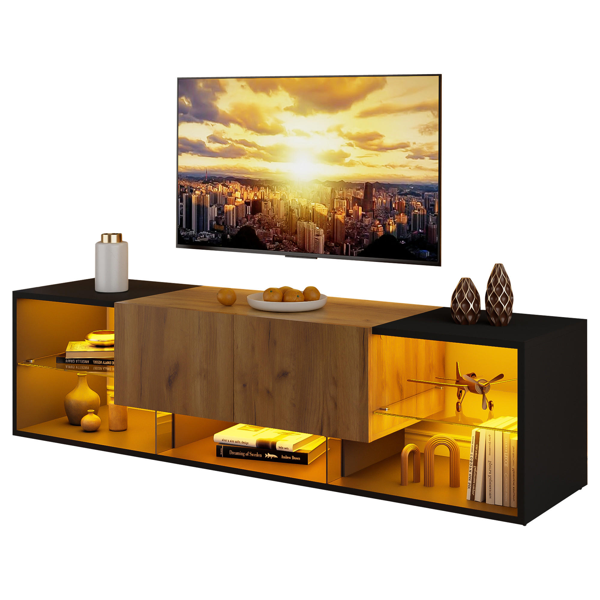TV-SCHRANK 70 Zoll Glas 2 Schubladen LED Schwarz Lowboard - Multicolor, Holzwerkstoff (160/42/40cm) - FLIEKS