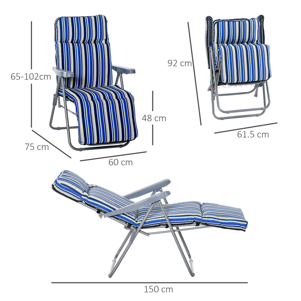 SONNENLIEGE Set mit 2 klappbaren mit 5-fach verstellbarer Rückenlehne, 60 x 75 x 102 cm, Blau und Creme - Blau, Metall (60/102/75cm) - Vallsero