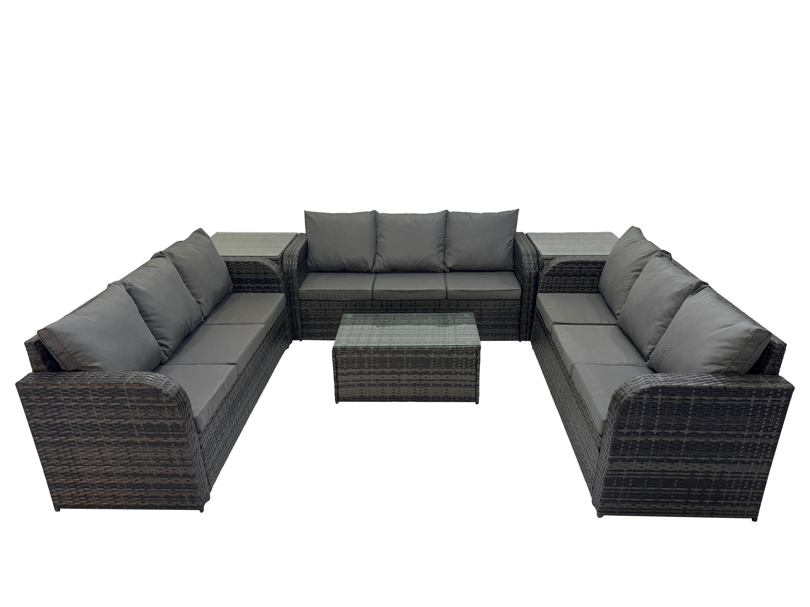 GARTENMÖBELGARNITUR mit KISSEN Polyrattan Dunkelgrau 9-Sitzer - Dunkelgrau/Grau, Glas/Kunststoff - Fimous