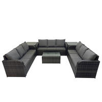GARTENMÖBELGARNITUR mit KISSEN Polyrattan Dunkelgrau 9-Sitzer - Dunkelgrau/Grau, Glas/Kunststoff - Fimous