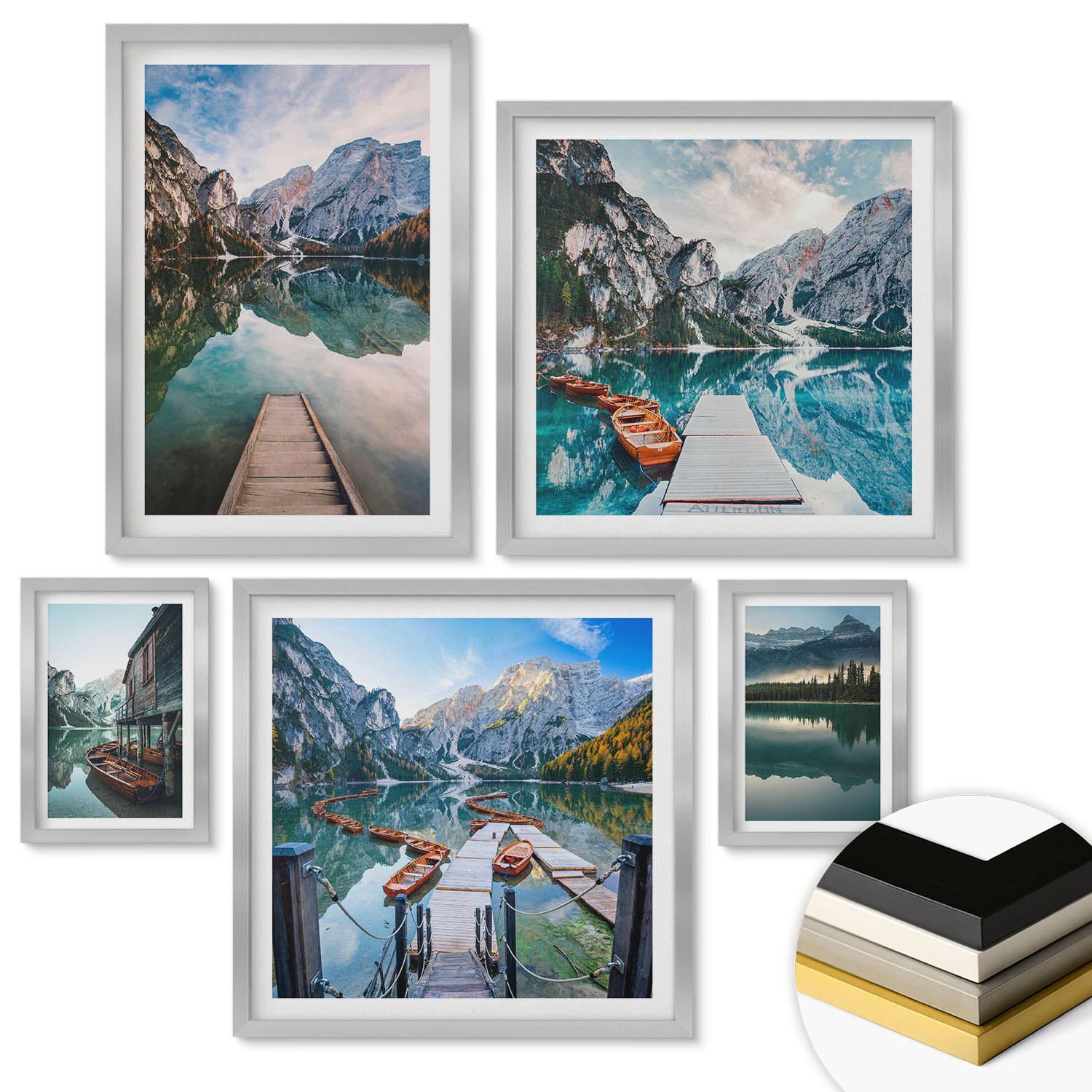 WANDBILDER 5er Set - 50x50 cm & 20x30 cm & 40x60 cm Silberner Rahmen - See Berge Holzboote - Silberfarben, Kunststoff (40/60cm) - ArtPrintCave