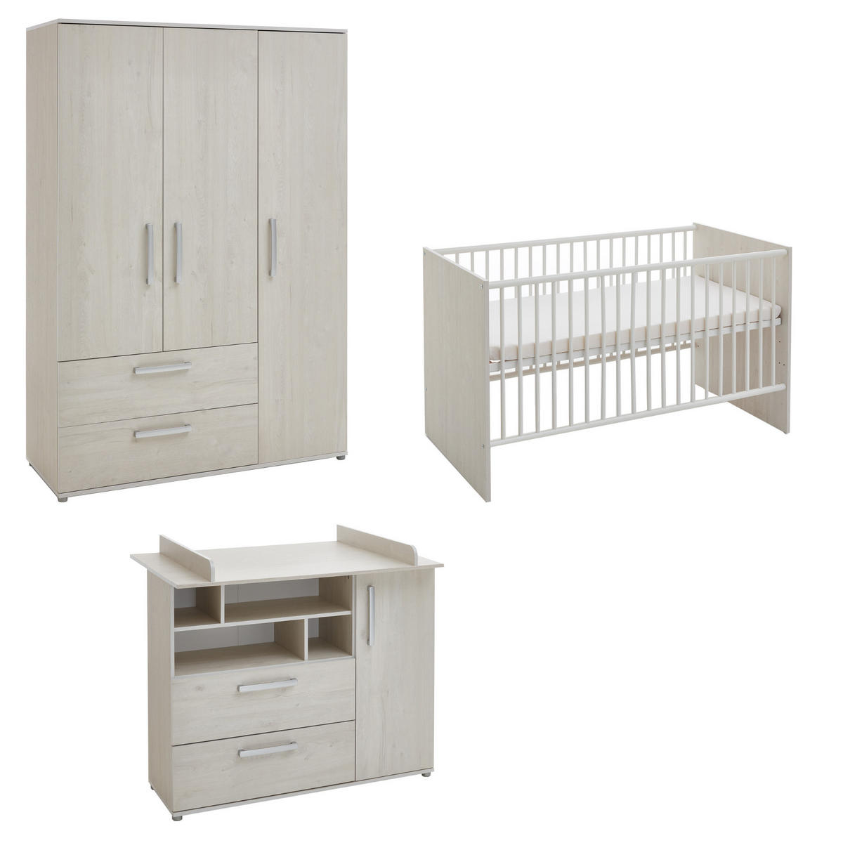 BABYZIMMER SET Emily 3-tlg. - Eichefarben/Silberfarben, Holzwerkstoff/Kunststoff (1/1/1cm) - arthur berndt