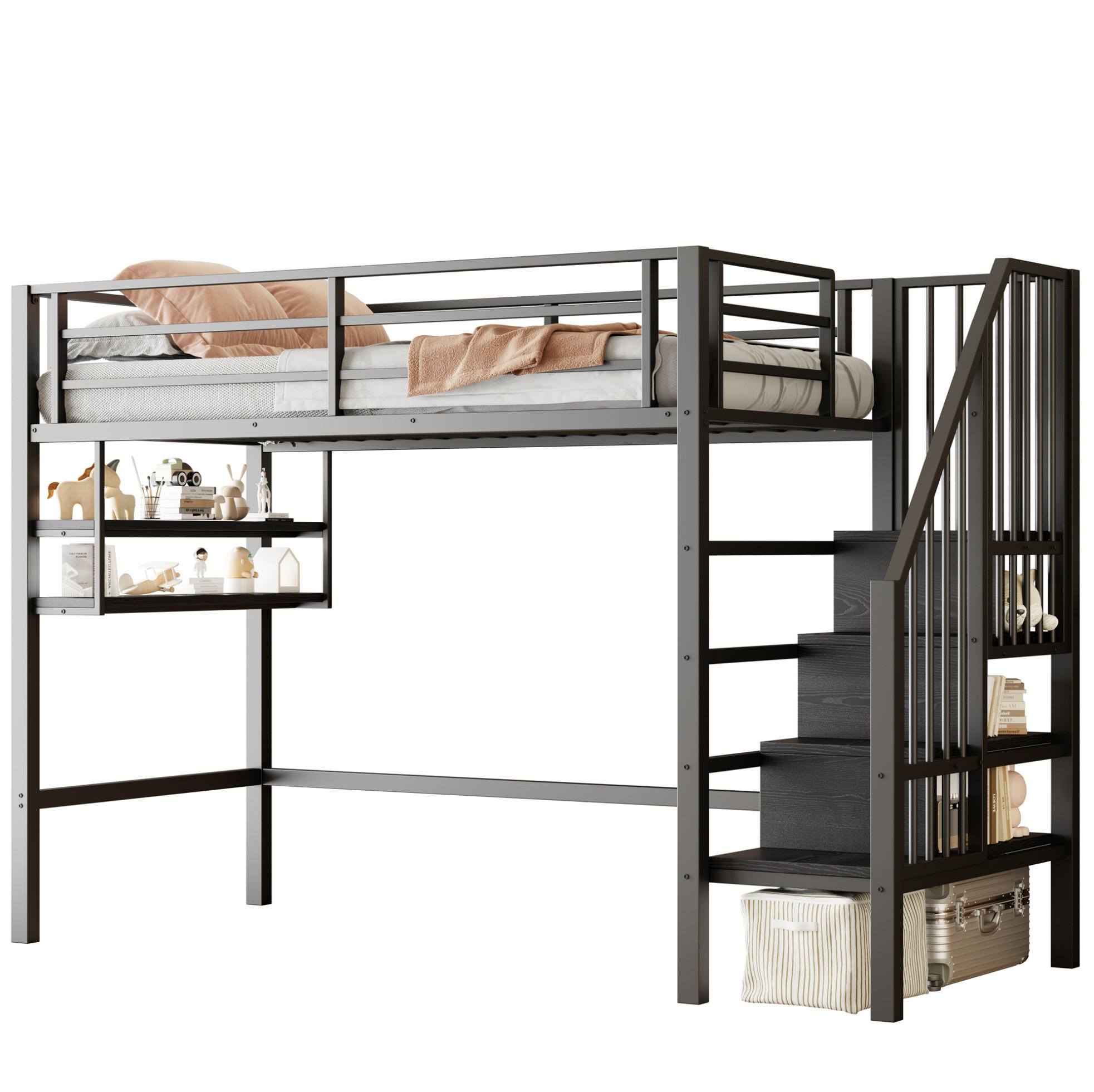 HOCHBETT 90/200 cm, Schwarz mit Stauraumleiter und Einlegeböden ohne Matratze - Schwarz, Metall (90/200cm) - MIVRAY