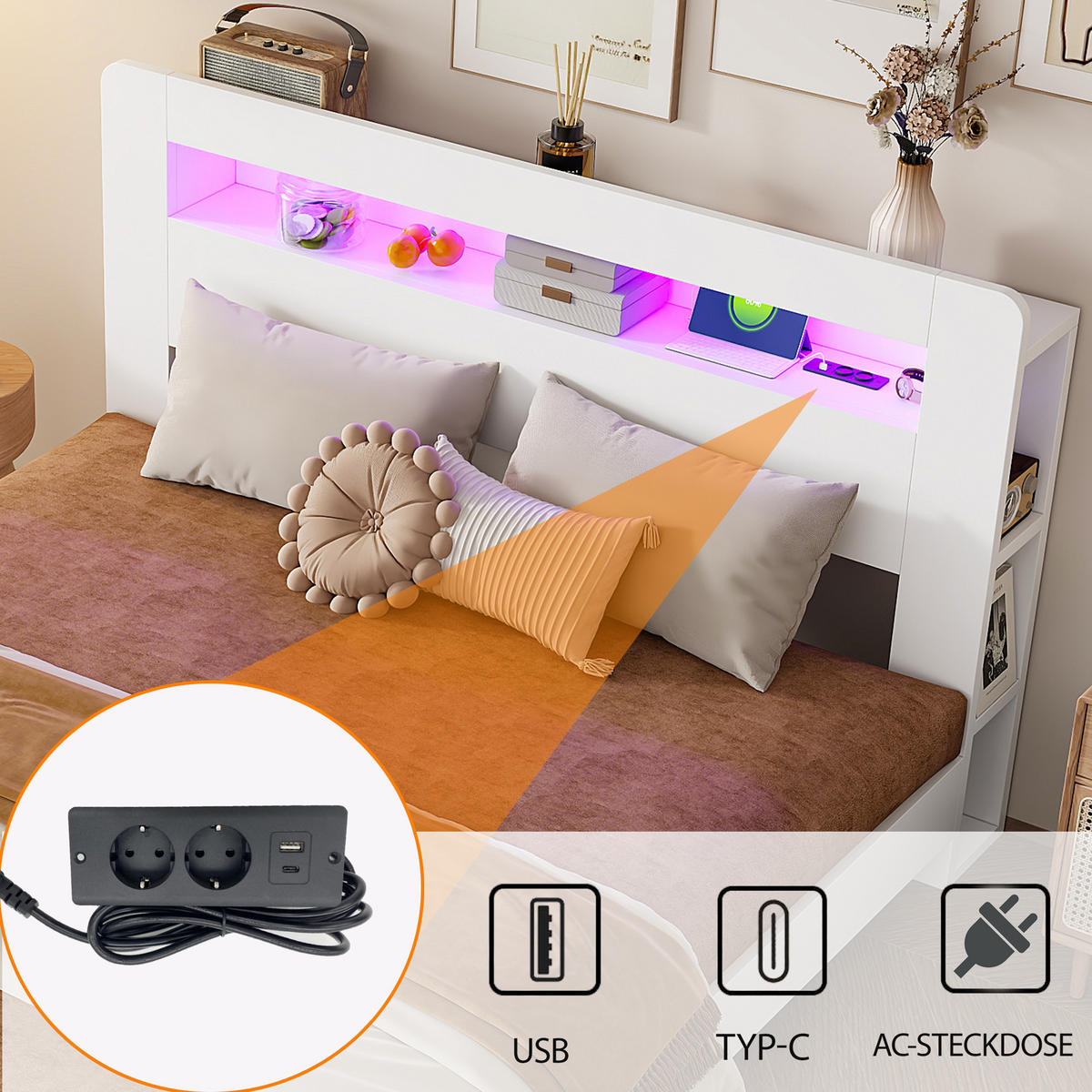 BETT 140/200 cm in Weiß mit Bettkasten, LED, Steckdosen und Kopfteilfächern - Weiß, Holz/Holzwerkstoff (140/200cm) - WISHDOR