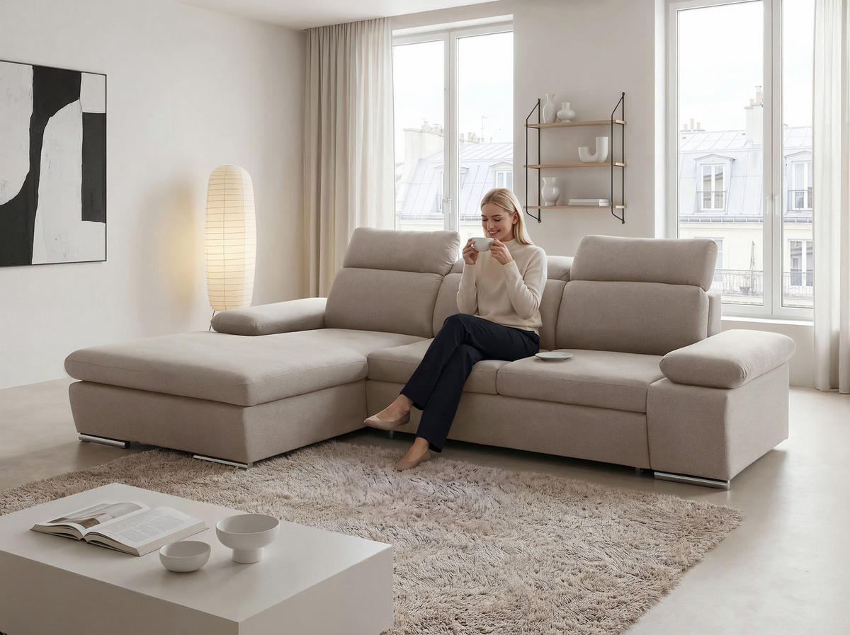 ECKSOFA PABLO mit Schlaffunktion und Bettkasten Beige - Beige, Holzwerkstoff/Kunststoff (250/90cm) - Idohome