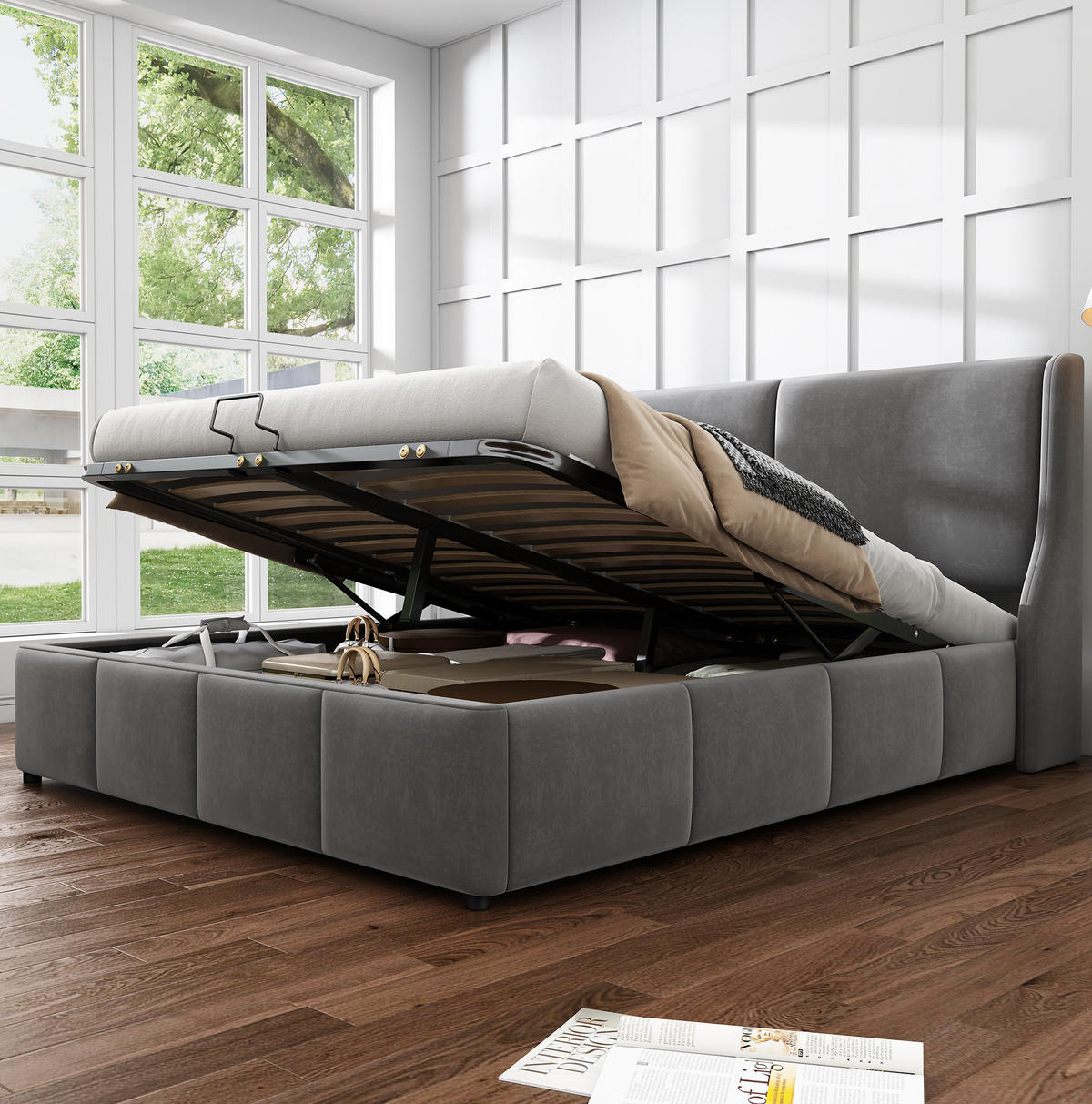 BETT mit Stauraum 140x200 cm Samt Gray - Grau, Metall (140/200cm) - Meubliv