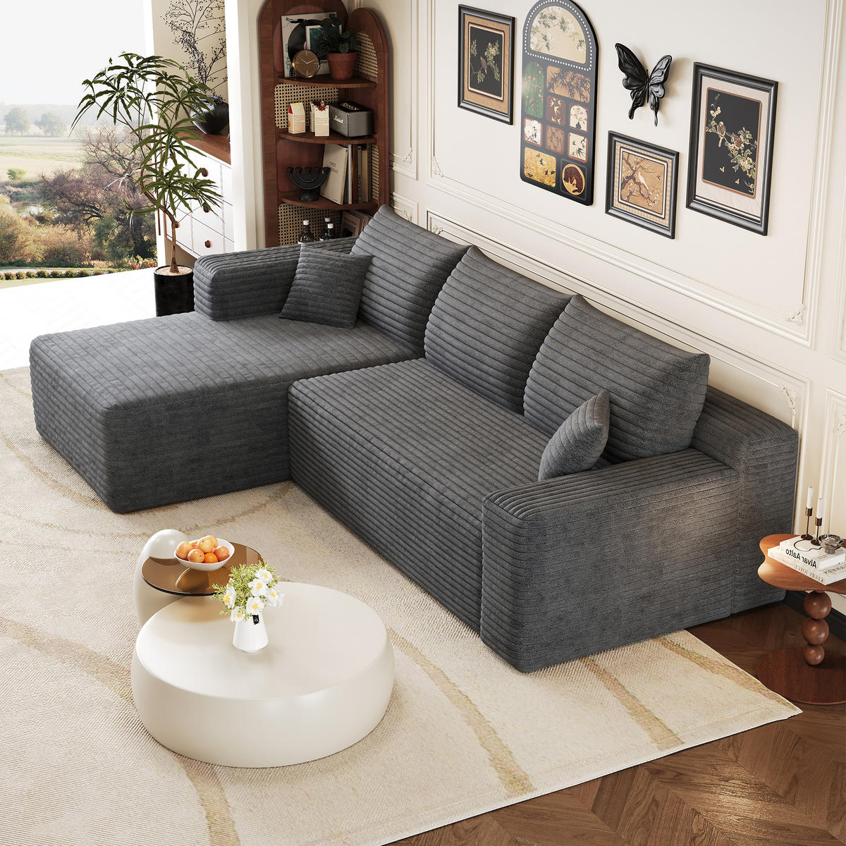 ECKSOFA Cord Dunkelgrau ohne Montage - Grau, Textil (241/151cm) - WISHDOR