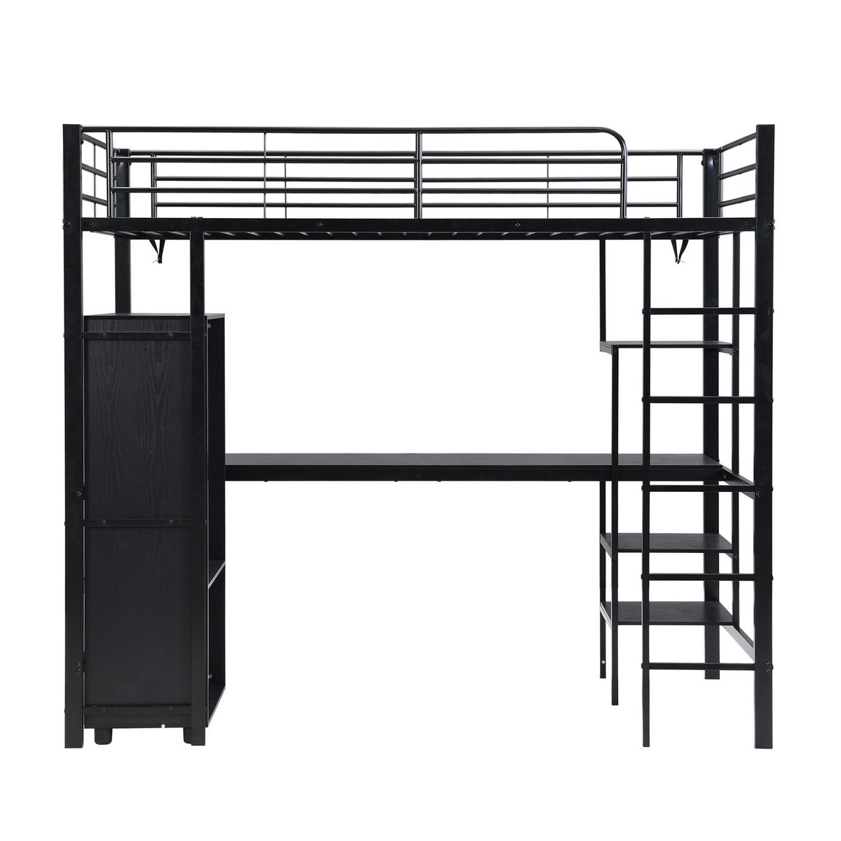 PALANDA 204/95/180 cm s psacím stolem, šatní skříní, policemi a 5stupňovým žebříkem, Černá - černá, kov (90/200cm) - Redom