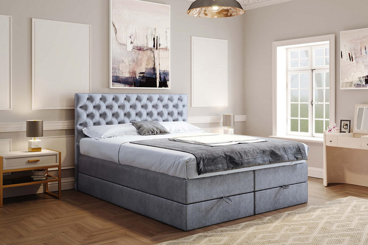 BOXSPRINGBETT 140 x 200 cm LUWR mit H3 Bonell, Bettkasten, Taschenmatratze, Chesterfield Kopfteil, Hellgrau - Hellgrau, Holz/Kunststoff (140/200cm) - Trada