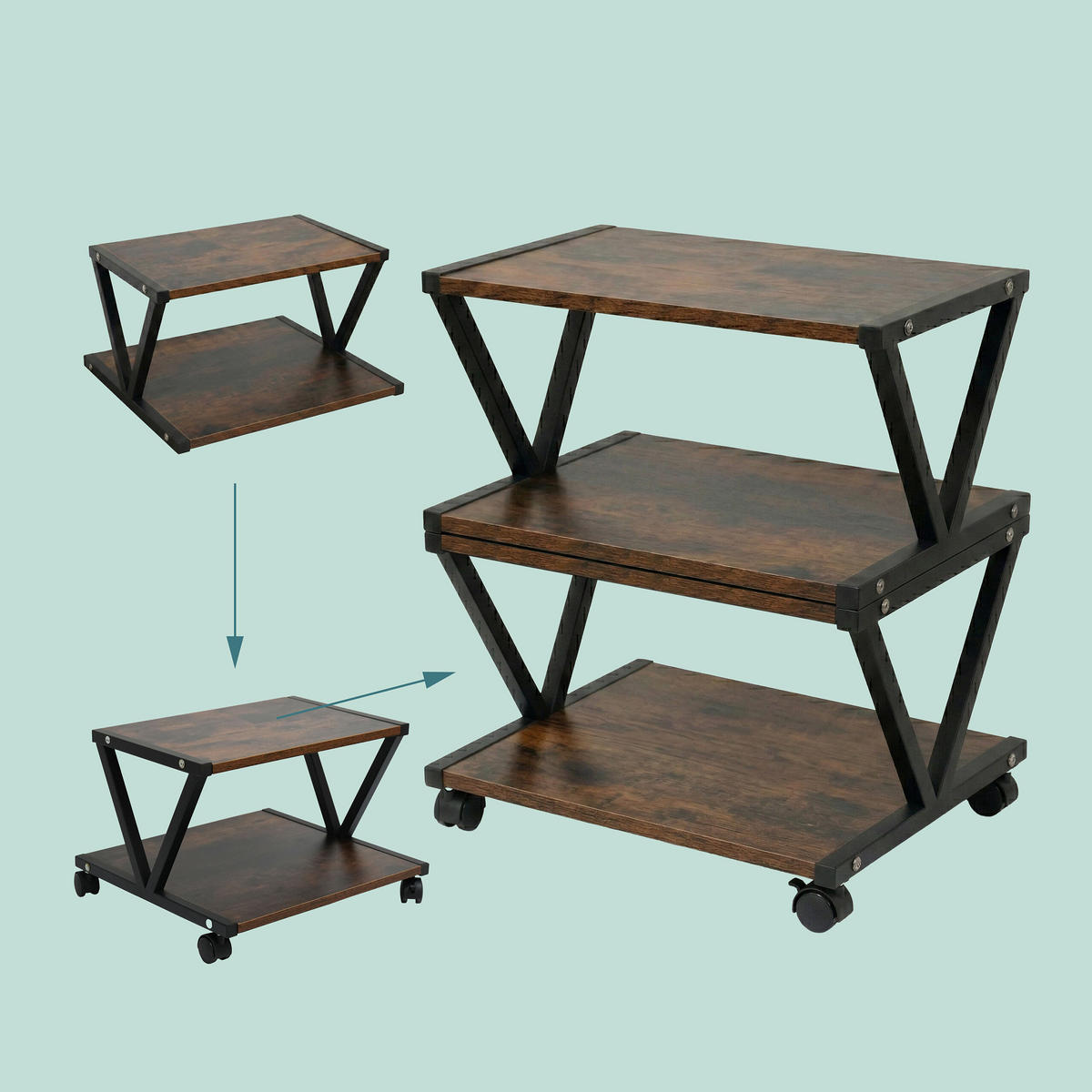 DRUCKERSTÄNDER Schwarz Industrial mit Rollen 2 Ebenen - Braun, Holzwerkstoff/Kunststoff (28/44/30cm) - Relaxdays