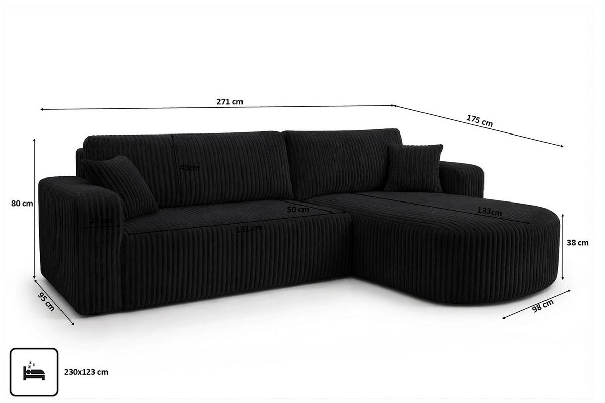 ECKSOFA Mit Schlaffunktion, Cordstoff Tilia, Schwarz, Rechts, ROUND ONE XL - Schwarz, Holz (271/175cm) - Kaiser Möbel