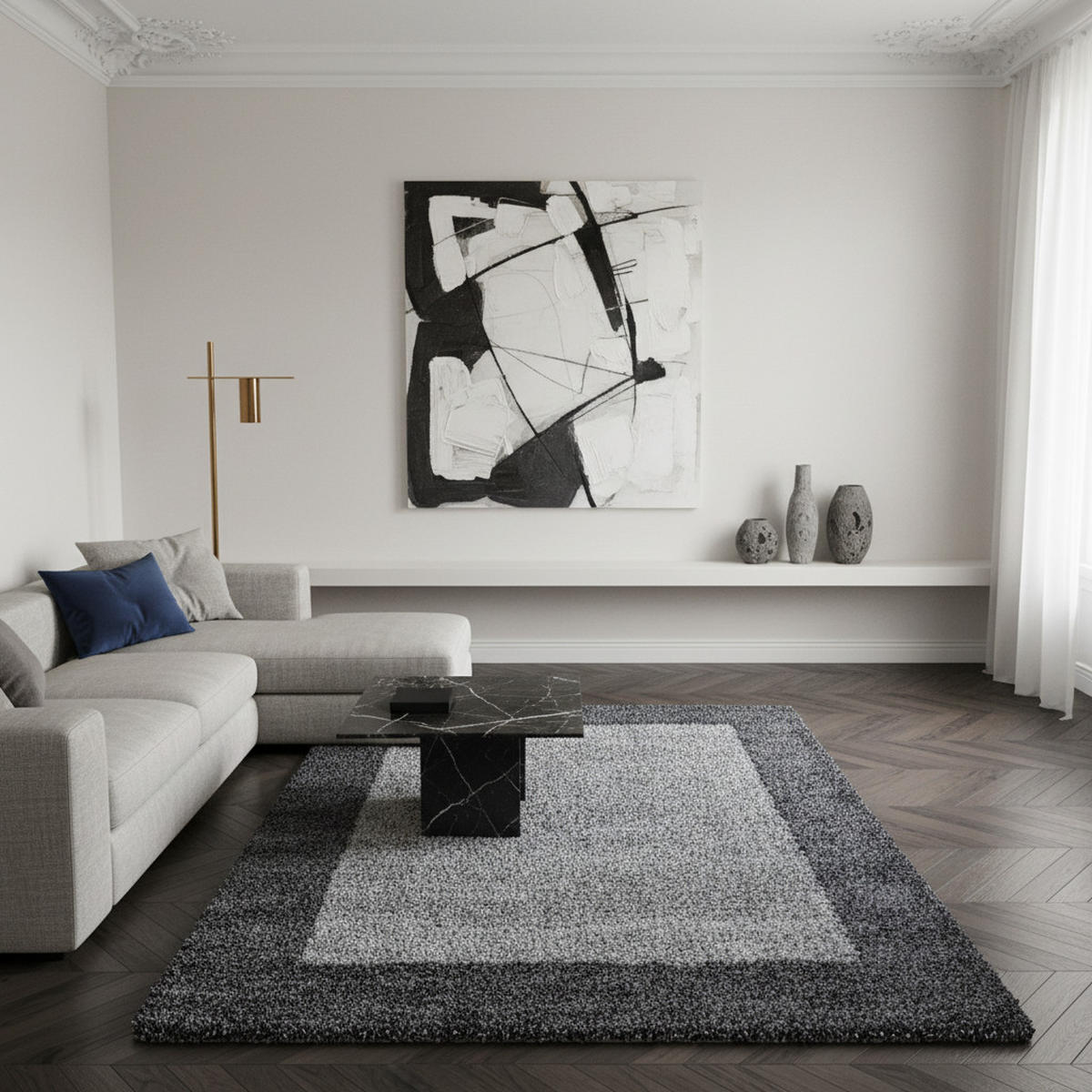 TEPPICH Hochflor einfarbig mit Bordüre Polypropylen Wohnzimmer Grau Rechteckig 300x400 - Grau, Textil (300/400cm) - KADIMA DESIGN