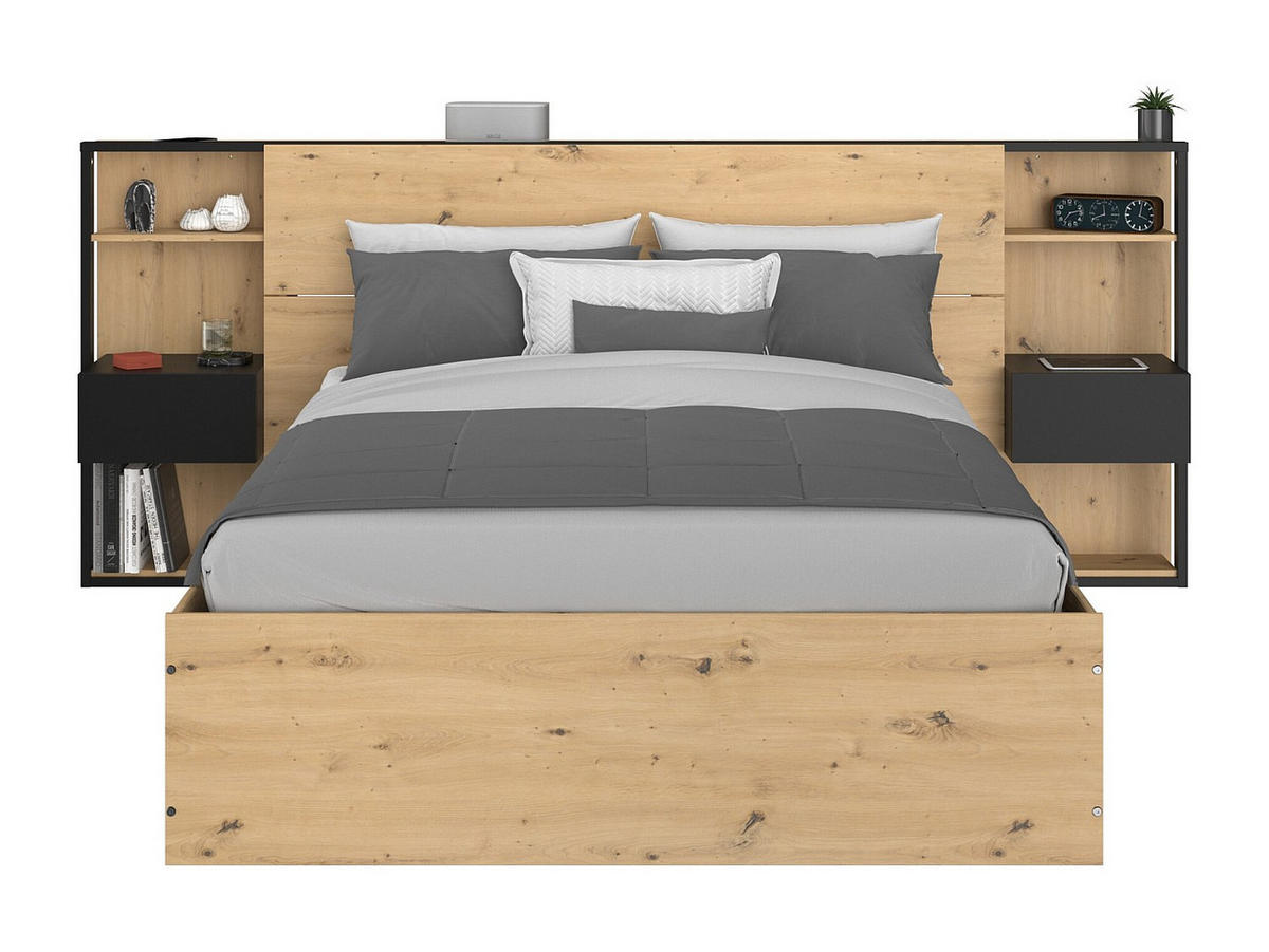 BETT mit Bettkasten - 2 Personen - Holz, Platte - Schwarz, Naturfarben Hell - Schwarz/Naturfarben, Holz (140/190cm) - Vente-Unique