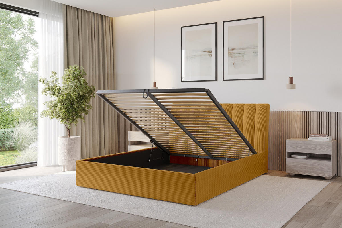 POLSTERBETT mit Bettkasten und Lattenrost, Boxbett ohne Matratze - ILAN 180x200 Senfgelb - Currygelb, Holzwerkstoff/Textil (180/200cm) - ALTDECOR