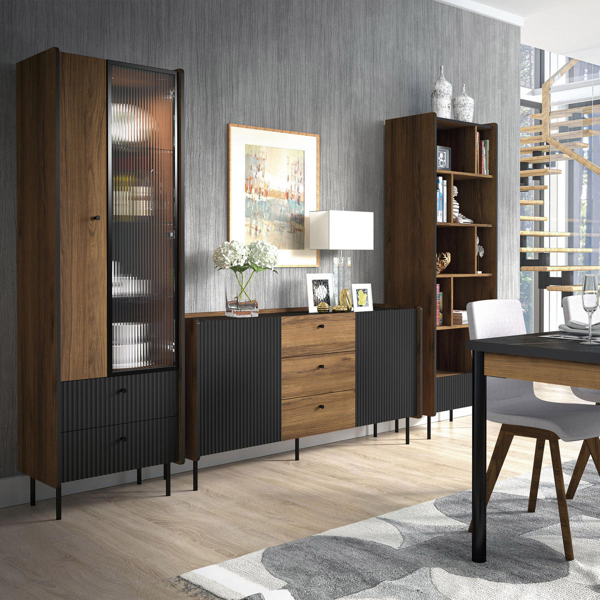 NACHTTISCH Piano mit 2 Schubladen, Mattschwarz + Warmia-Nussbaum - Dunkelbraun/Schwarz, Holzwerkstoff (42/50/40cm) - Beautysofa