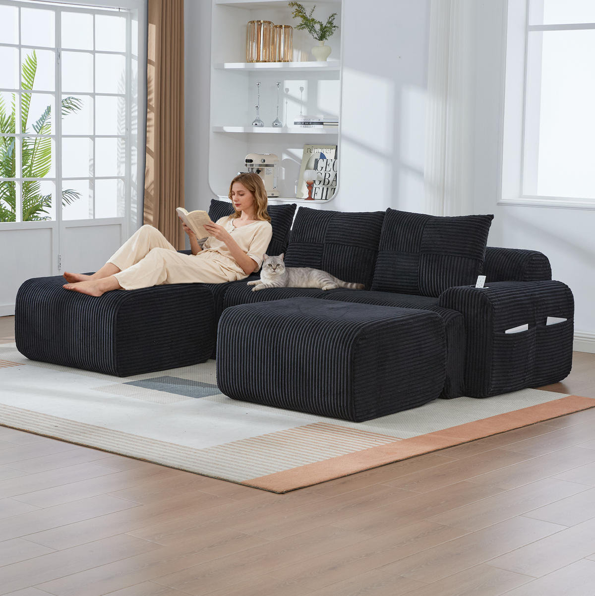 MODULSOFA 3-Sitzer 268 x 174 cm Corduroy Black - Schwarz, Kunststoff (174/80/268.1cm) - Meubliv