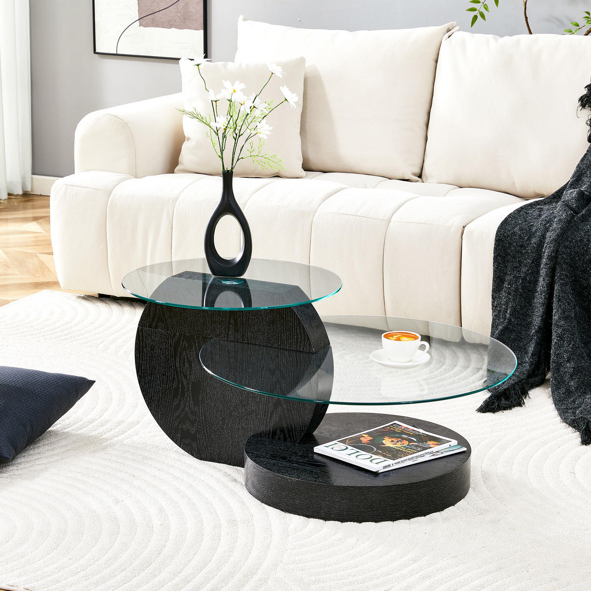 COUCHTISCH in Schwarz Wohnzimmertisch mit zwei Ebenen aus Sicherheitsglas für Wohnzimmer, B90/T70/H44 cm - Transparent/Schwarz, Glas/Holzwerkstoff (90/90/44cm) - STILVORA