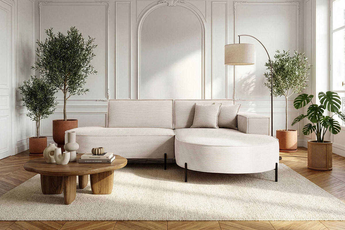 ECKSOFA Hana Loft 3-Sitzer Ecke Rechts, Cordstoff Chenille, Creme 241/80/168 cm - Creme/Schwarz, Textil/Metall (241/168cm) - WFL GROUP