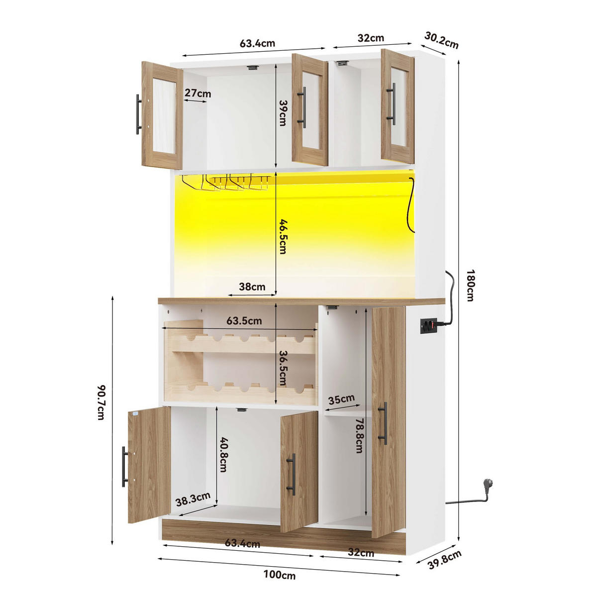 BUFFET 100/40/180 cm weiß/eichefarben aus MDF mit LED - Weiß, Holzwerkstoff (100/180/40cm) - OKWISH