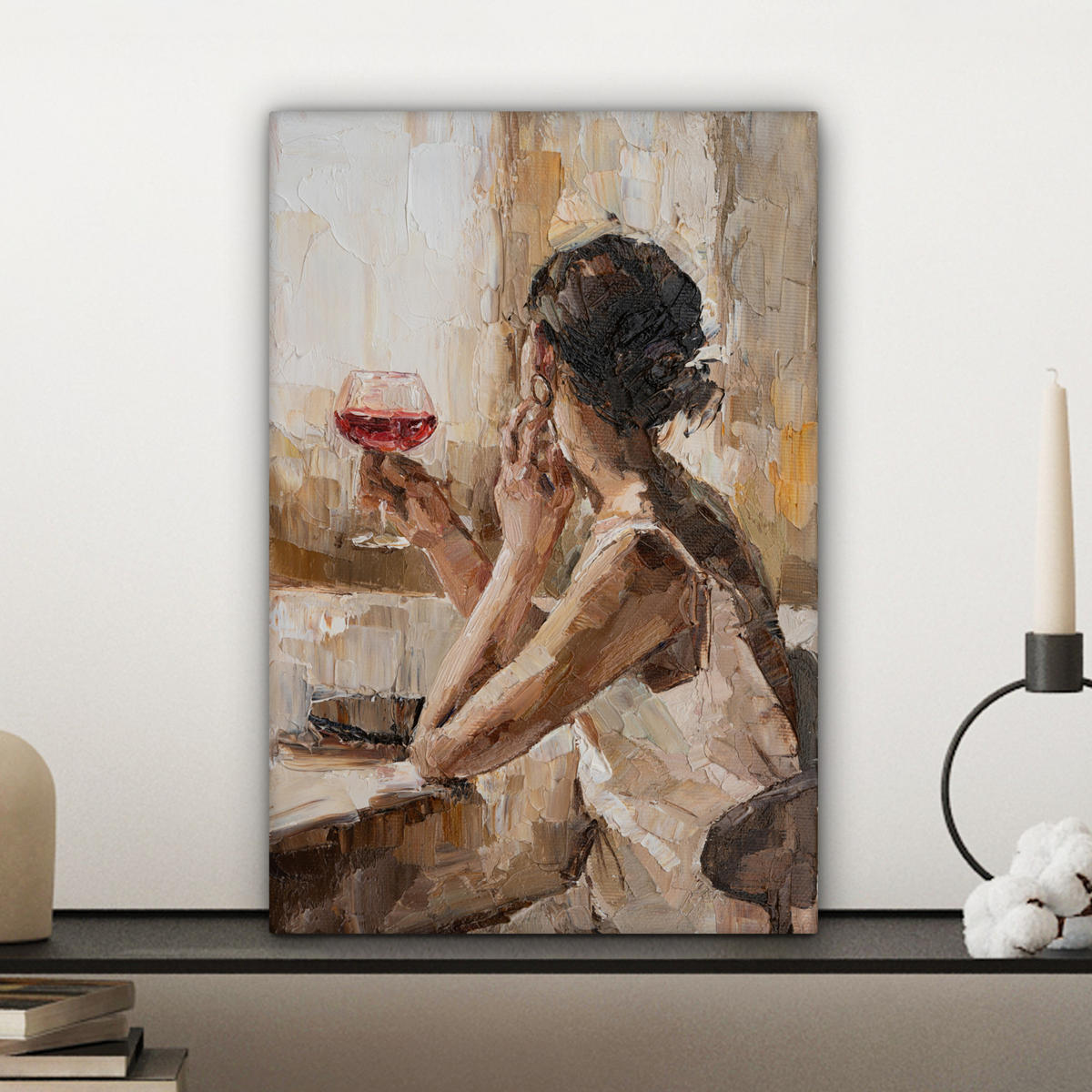 LEINWANDBILD Ölgemälde - Frau - Wein 20x30 cm - Hellbraun, Textil (20/30cm) - MuchoWow