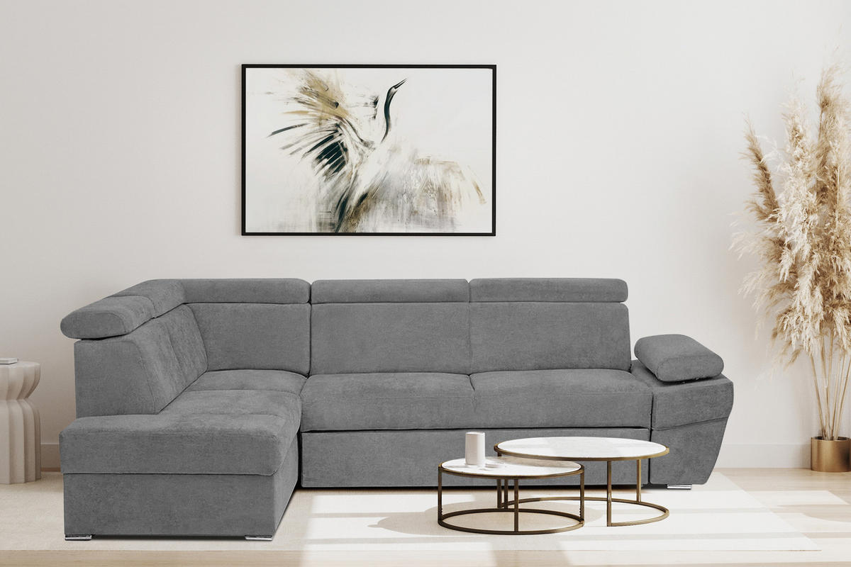 ECKSOFA RATLO links mit Schlaffunktion und Bettkasten, dunkelgrau - Platinfarben/Silberfarben, Textil (270/190cm) - KONSIMO®