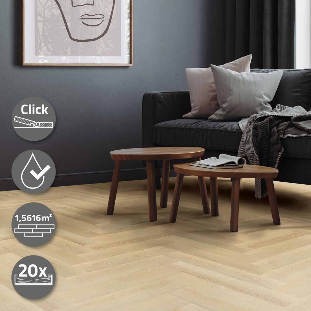 VINYLBODEN Click 1,56m²/20 Dielen Fischgrät Eiche Natur - Beige, Kunststoff (61.5/12.8/0.42cm) - ML-DESIGN