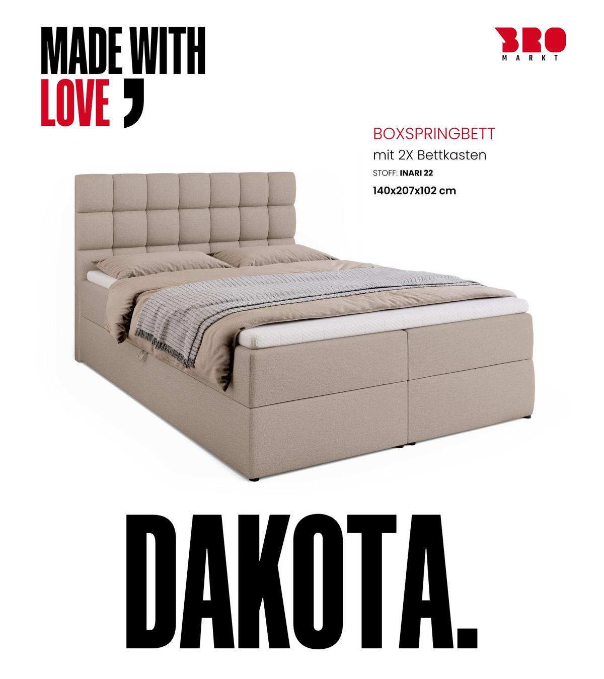 BOXBETT Dakota mit Topper 140/200 Beige - Beige, Textil (140/200cm) - Bromarkt