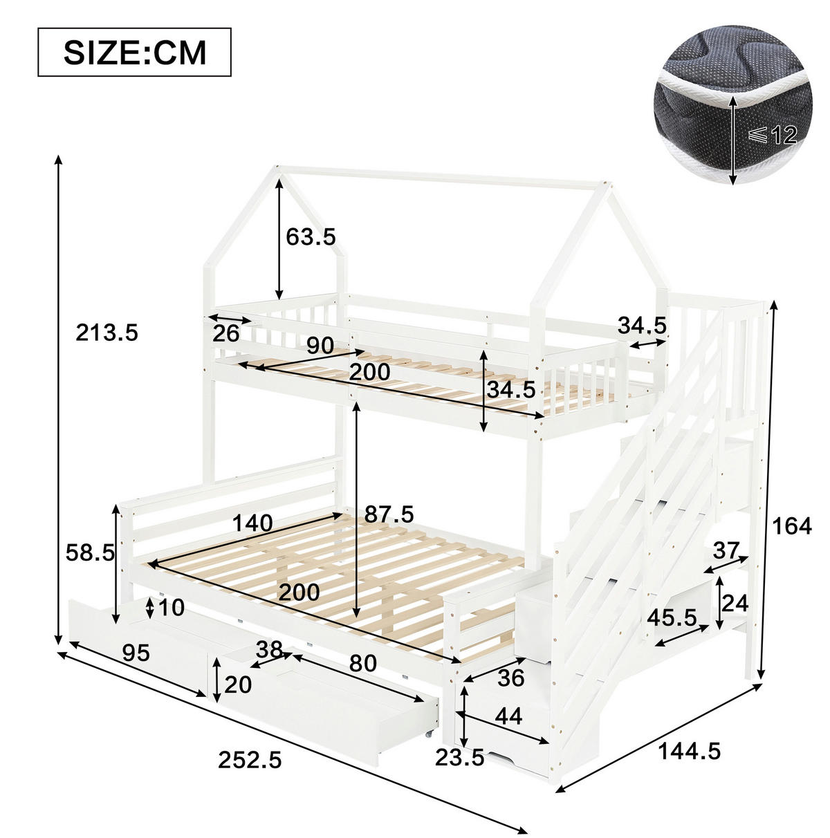 PATROVÁ postel 90/200 cm a 140/200 cm bílá se stříškou a úložným prostorem - bílá, kompozitní dřevo (90/200cm) - OKWISH