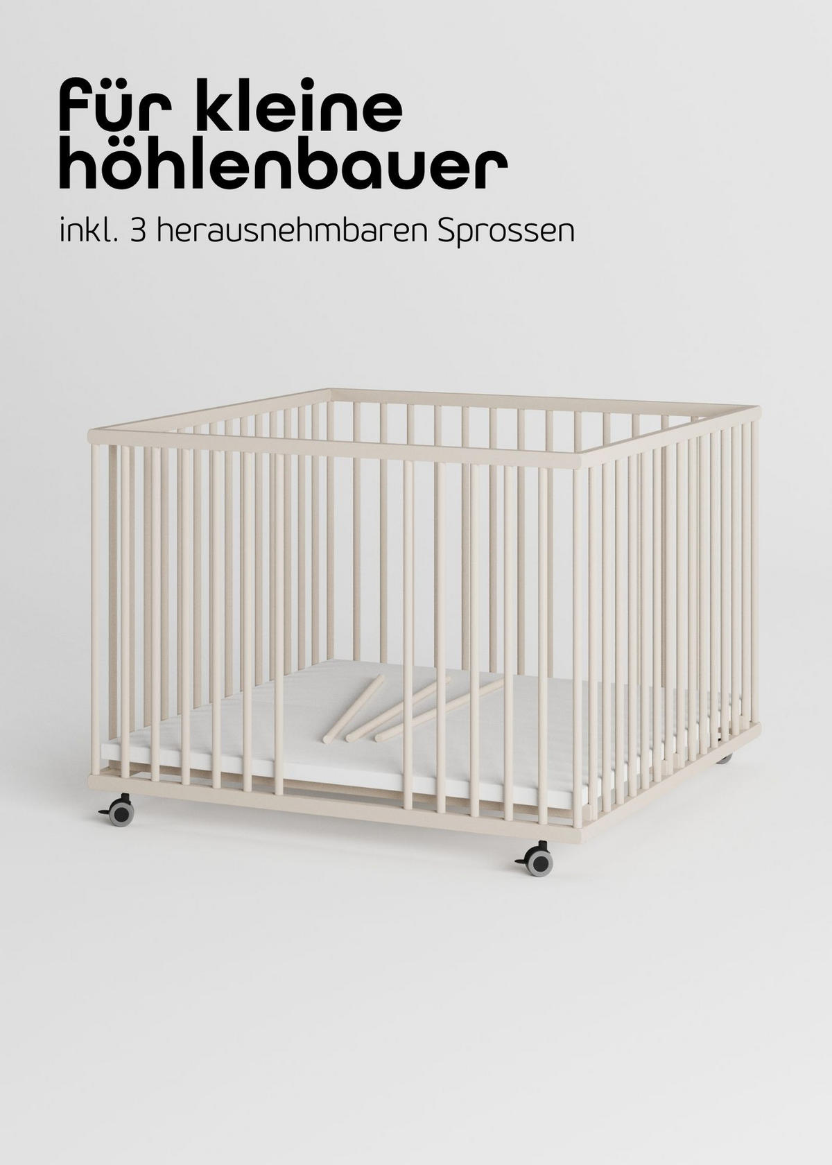 LAUFGITTER 100x100 cm mit Matratze, Lattenrost & Schlupfsprossen - sahara dust - Premium Kollektion - Sandfarben, Holz (100/74/100cm) - Sämann – make a difference.