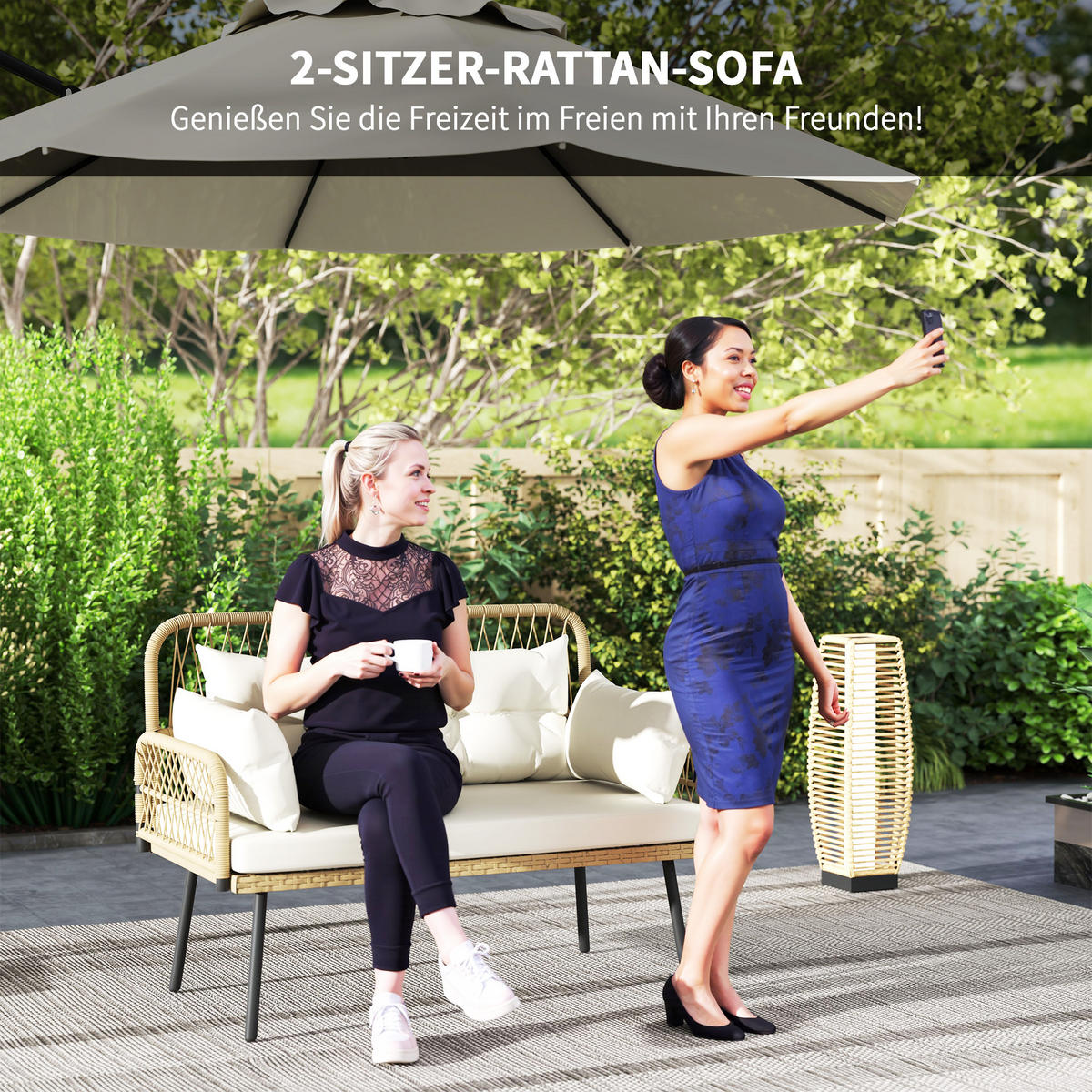 RATTANSOFA 2-Sitzer mit Auflagen Weiß 115/61/82 cm - Beige/Schwarz, Textil/Metall - Outsunny